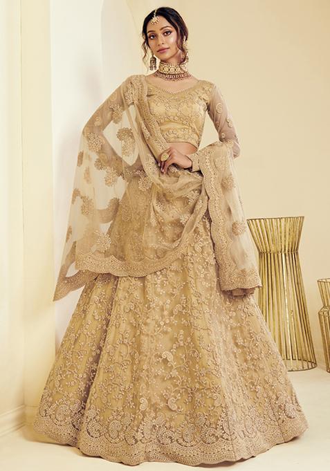 Beige Sequin Embroidered Net Lehenga Set