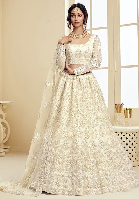 Off White Sequin Embroidered Net Lehenga Set