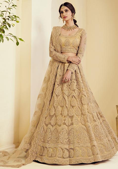 Beige Sequin Embroidered Net Lehenga Set