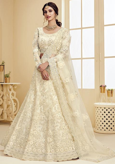 Off White Sequin Embroidered Net Lehenga Set