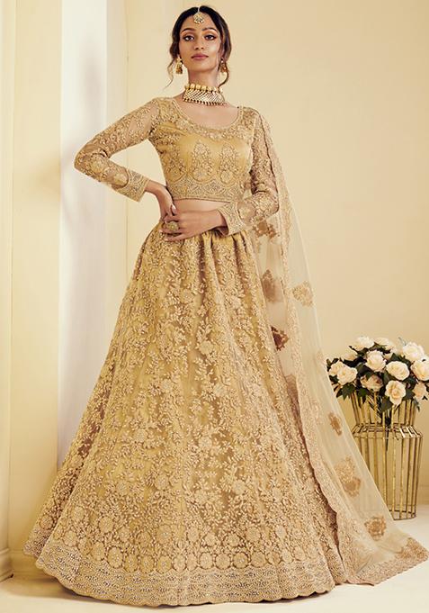 Beige Sequin Embroidered Net Lehenga Set