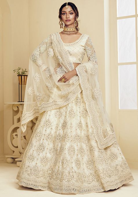 Off White Sequin Embroidered Net Lehenga Set