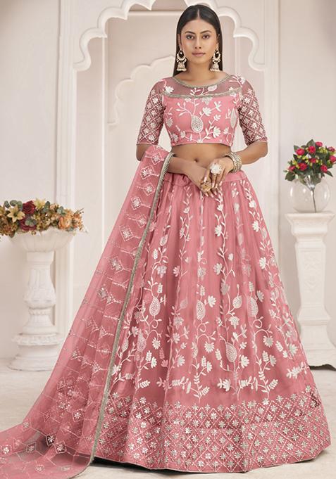 Peach Embroidered Net Lehenga Set