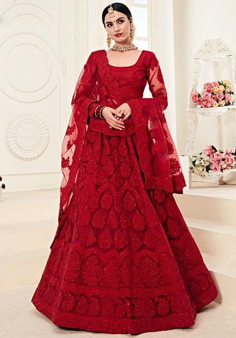 Red Embroidered Net Lehenga Set