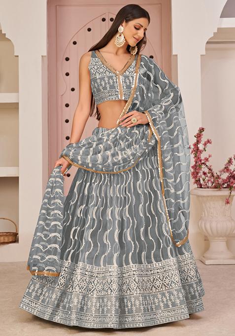 Grey Embroidered Net Lehenga Set