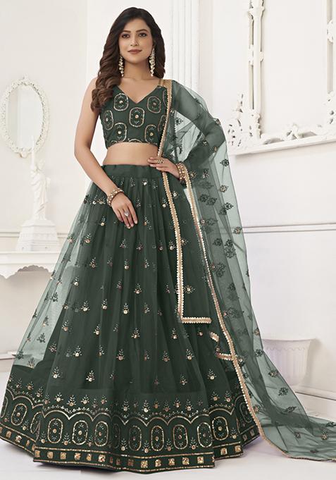 Green Embroidered Net Lehenga Set