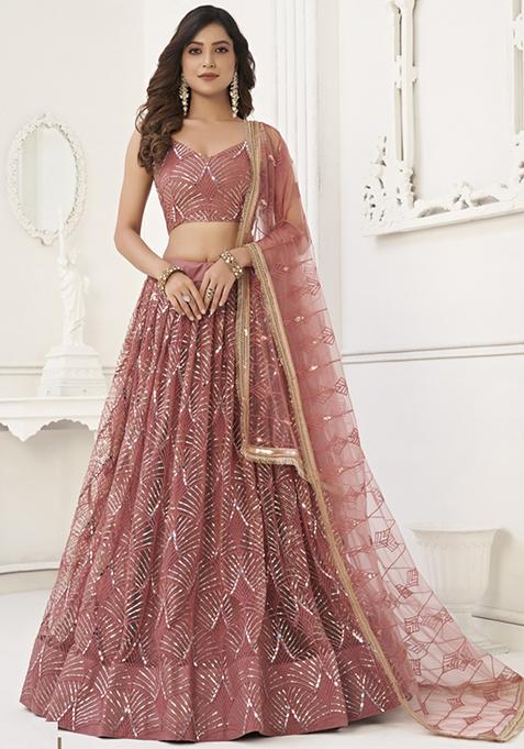 Brown Embroidered Net Lehenga Set