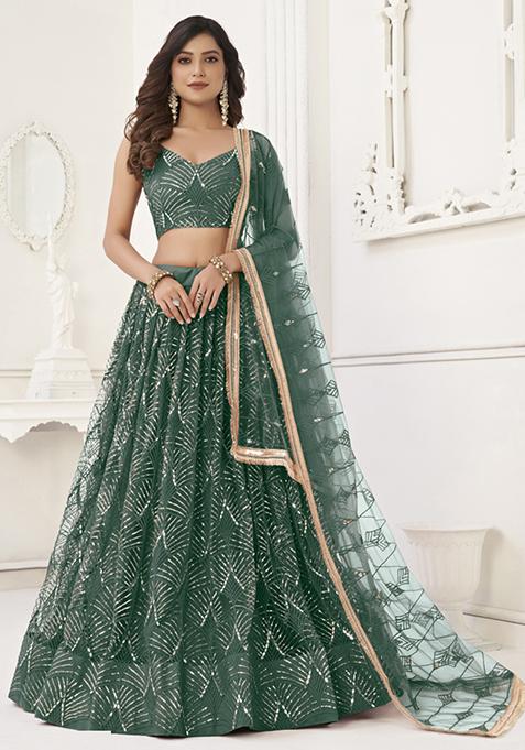 Green Butterfly Embroidered Net Lehenga Set