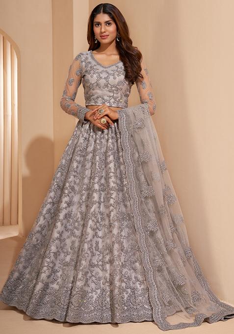 Light Grey Embroidered Net Lehenga Set