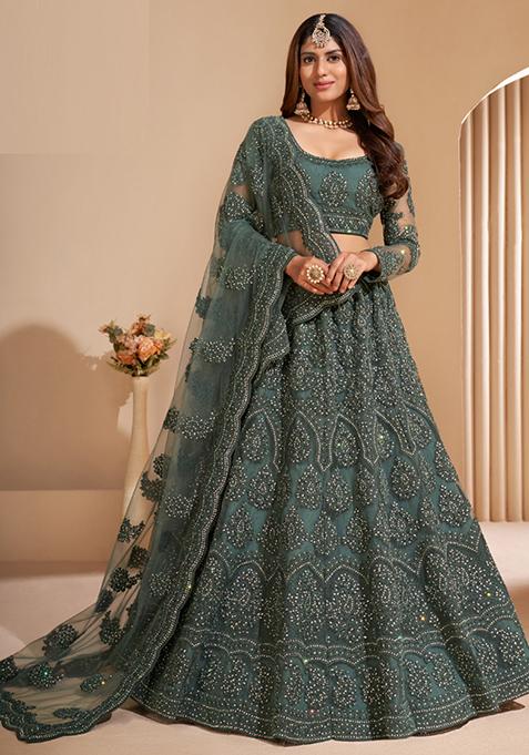 Grey Embroidered Net Lehenga Set