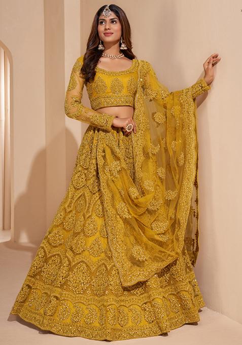 Yellow Embroidered Net Lehenga Set