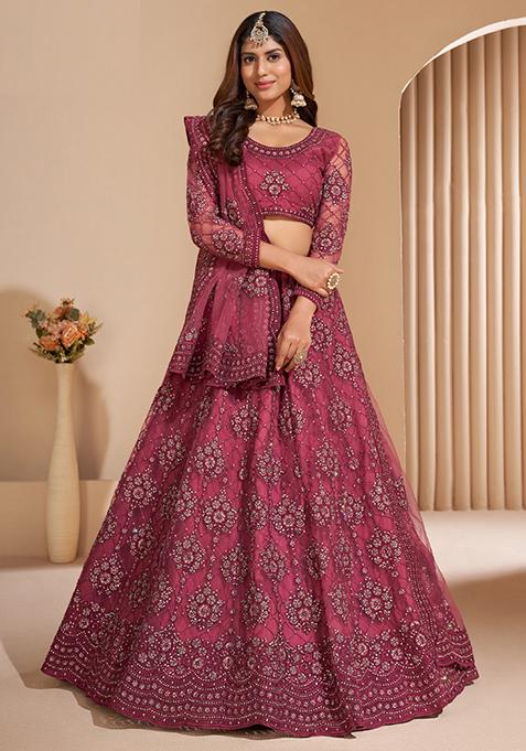 Pink Embroidered Net Lehenga Set