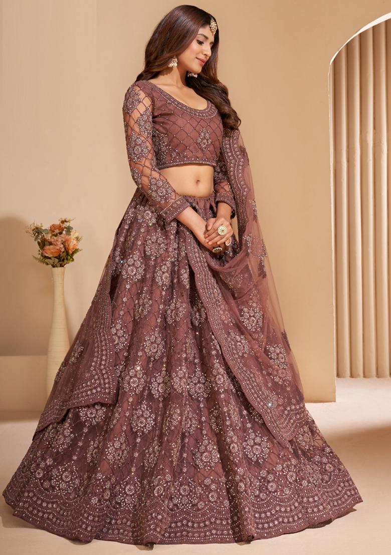 Brown Embroidered Net Lehenga Set - Indya