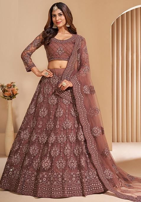 Brown Embroidered Net Lehenga Set