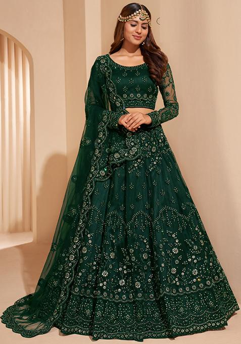 Green Embroidered Net Lehenga Set