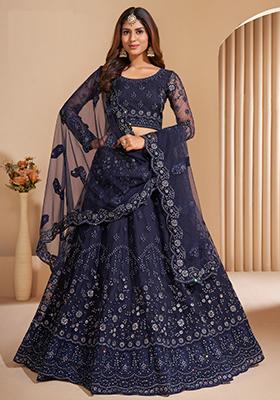 Navy Blue Embroidered Net Lehenga Set