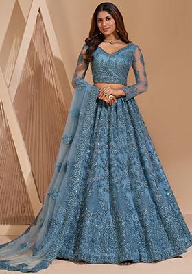 Blue Embroidered Net Lehenga Set