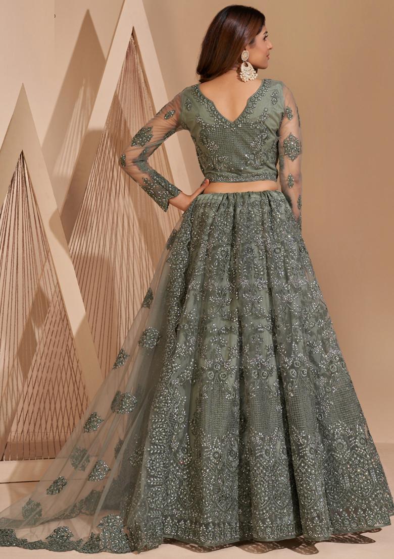 Green Embroidered Net Lehenga Set - Indya