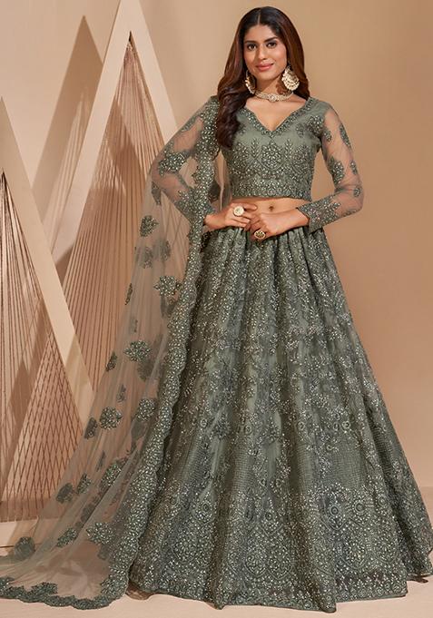 Green Embroidered Net Lehenga Set