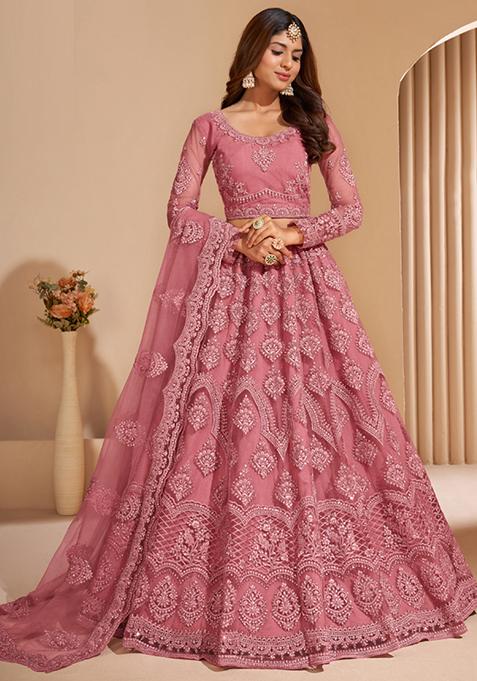 Peach Embroidered Net Lehenga Set