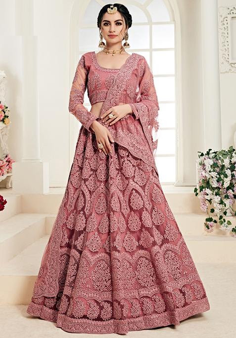 Pink Embroidered Net Lehenga Set