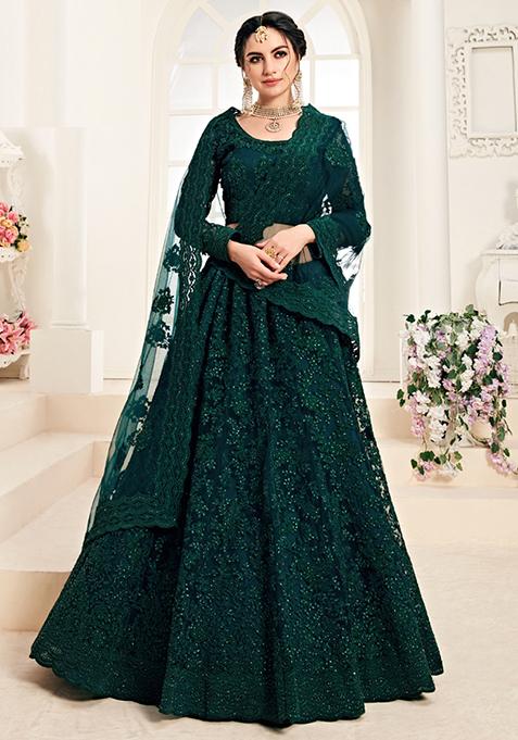 Green Embroidered Net Lehenga Set