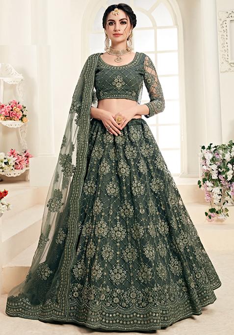 Green Embroidered Net Lehenga Set