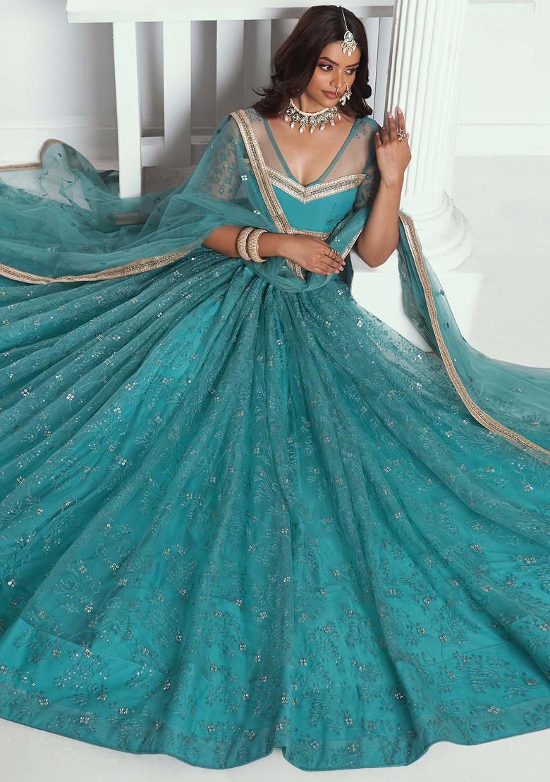 Rama Green Sequin Thread Embroidered Net Lehenga Set