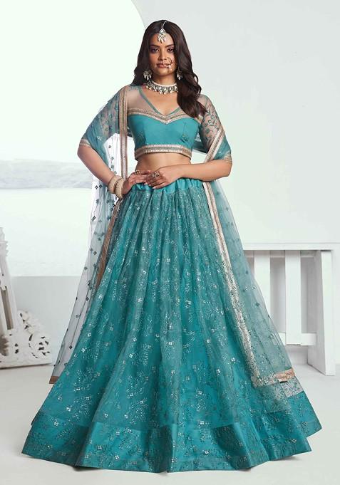 Rama Green Sequin Thread Embroidered Net Lehenga Set