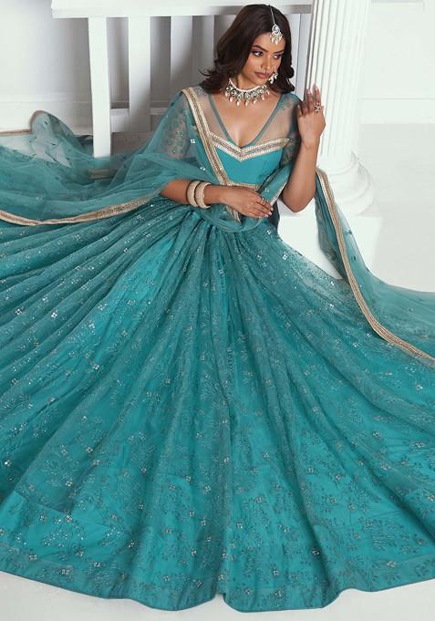 Rama Green Sequin Thread Embroidered Net Lehenga Set