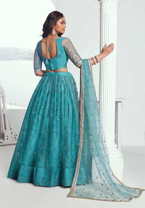 Rama Green Sequin Thread Embroidered Net Lehenga Set