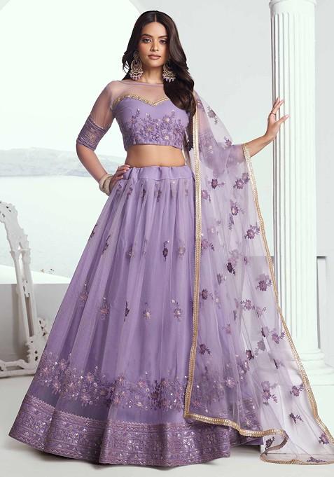 Lavender Sequin Thread Embroidered Net Lehenga Set