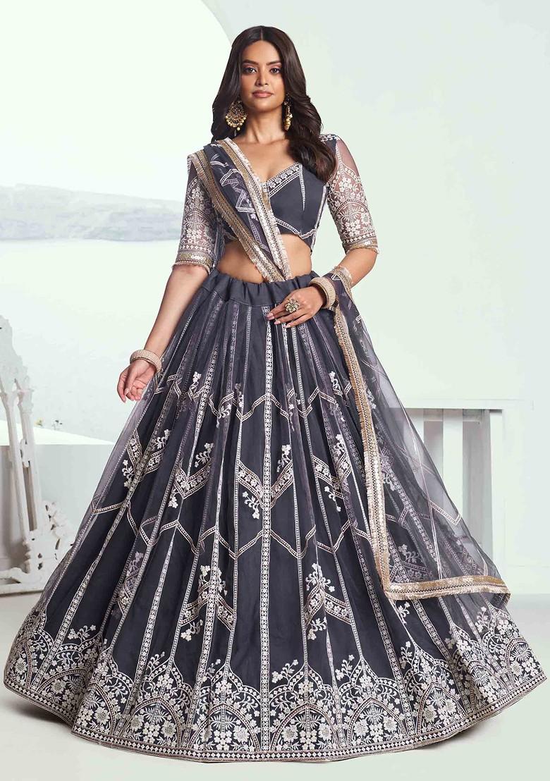 Dark Grey Sequin Thread Embroidered Net Lehenga Set