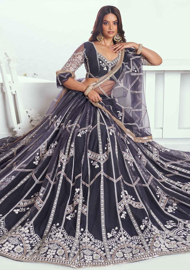 Dark Grey Sequin Thread Embroidered Net Lehenga Set