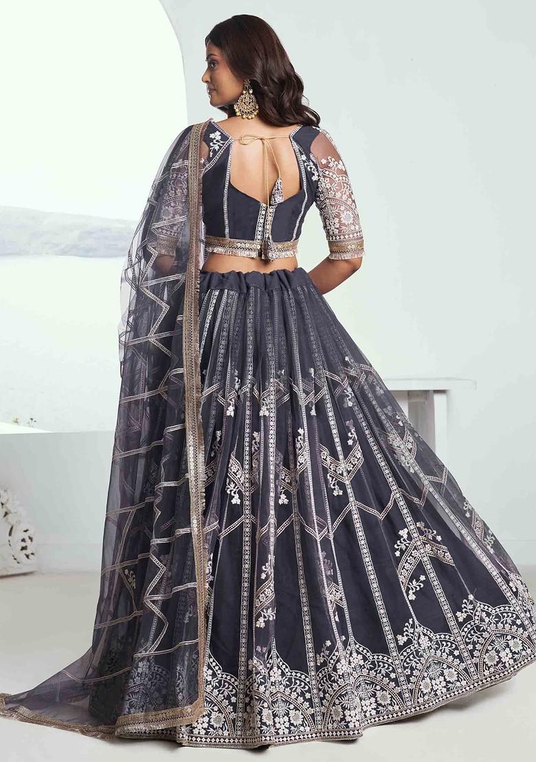 Dark Grey Sequin Thread Embroidered Net Lehenga Set