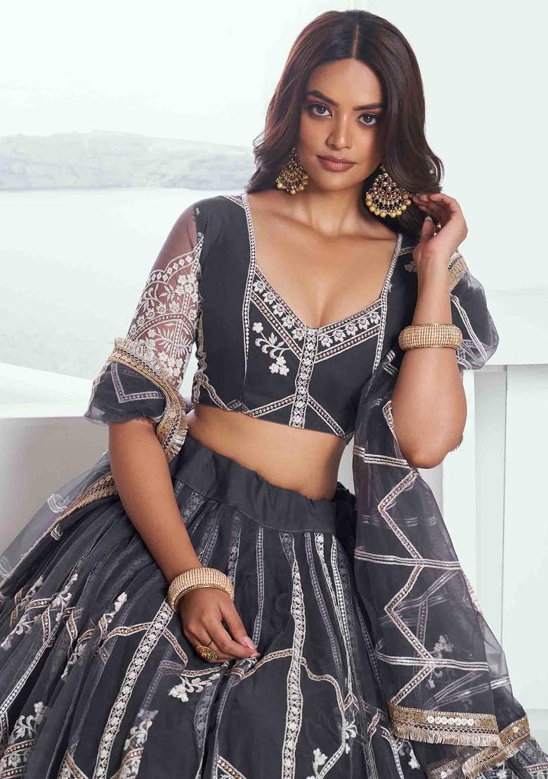 Dark Grey Sequin Thread Embroidered Net Lehenga Set