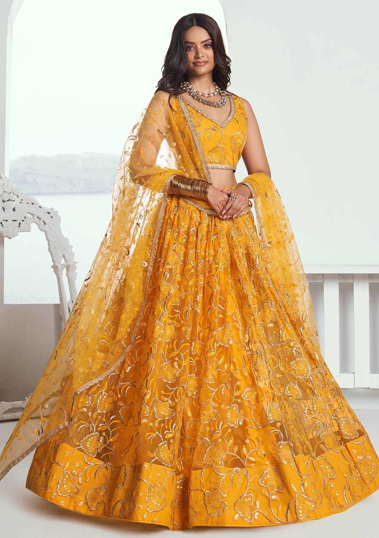 Yellow Sequin Thread Embroidered Net Lehenga Set