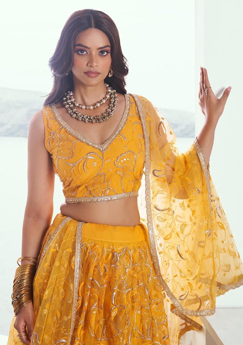 Yellow Sequin Thread Embroidered Net Lehenga Set