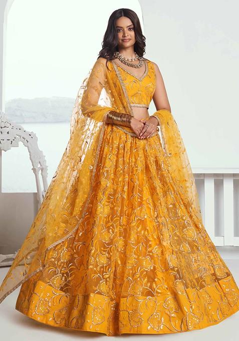 Yellow Sequin Thread Embroidered Net Lehenga Set