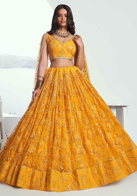 Yellow Sequin Thread Embroidered Net Lehenga Set