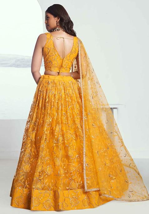 Yellow Sequin Thread Embroidered Net Lehenga Set