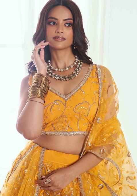 Yellow Sequin Thread Embroidered Net Lehenga Set