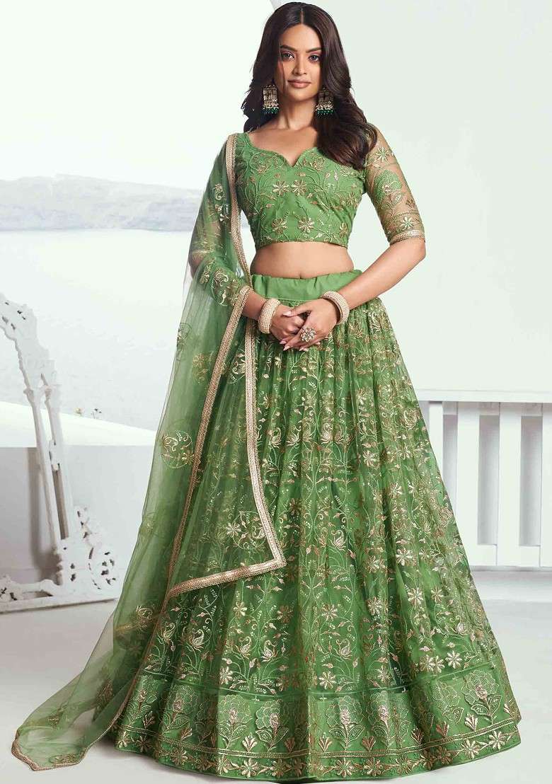 Pista Green Sequin Thread Embroidered Net Lehenga Set - Indya