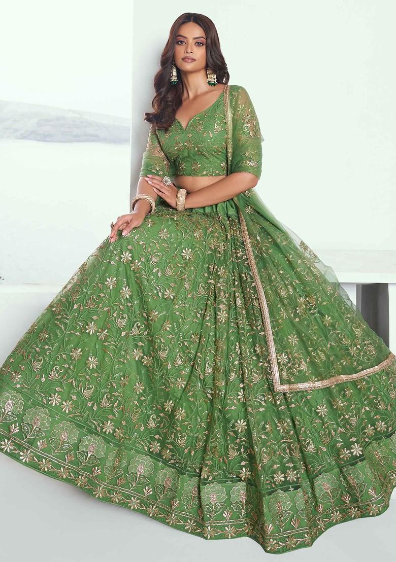 Pista Green Sequin Thread Embroidered Net Lehenga Set