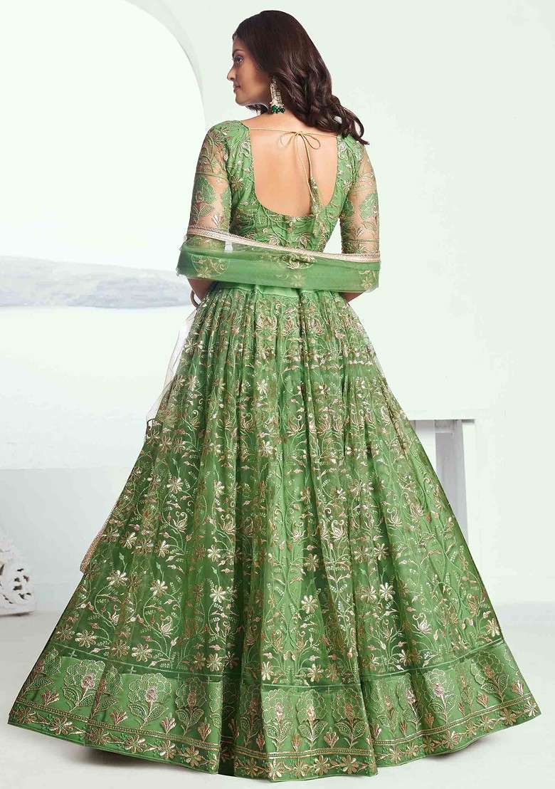 Pista Green Sequin Thread Embroidered Net Lehenga Set - Indya