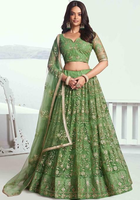 Pista Green Sequin Thread Embroidered Net Lehenga Set