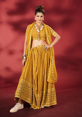 Mustard Embroidered Poly Georgette Lehenga Set