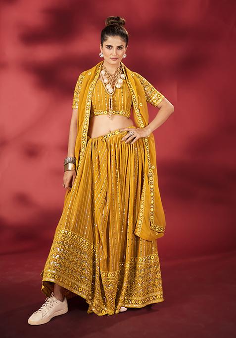 Mustard Embroidered Poly Georgette Lehenga Set