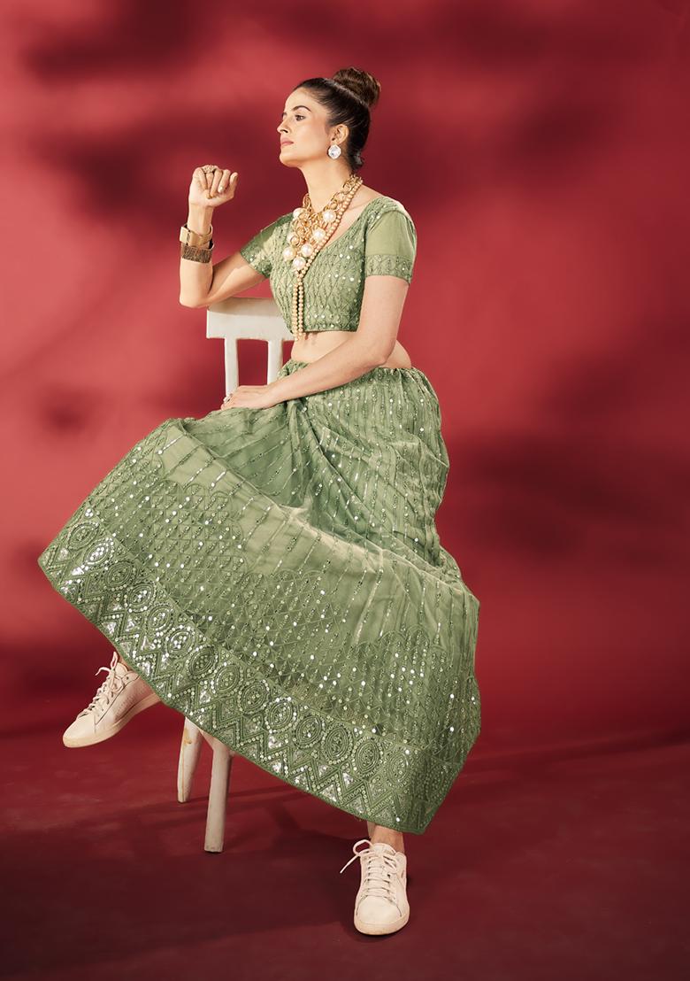 Light Green Embroidered Poly Net Lehenga Set - Indya