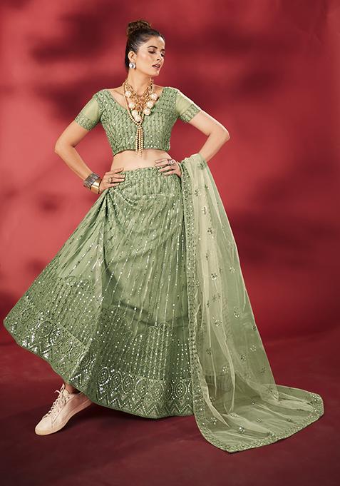 Light Green Embroidered Poly Net Lehenga Set